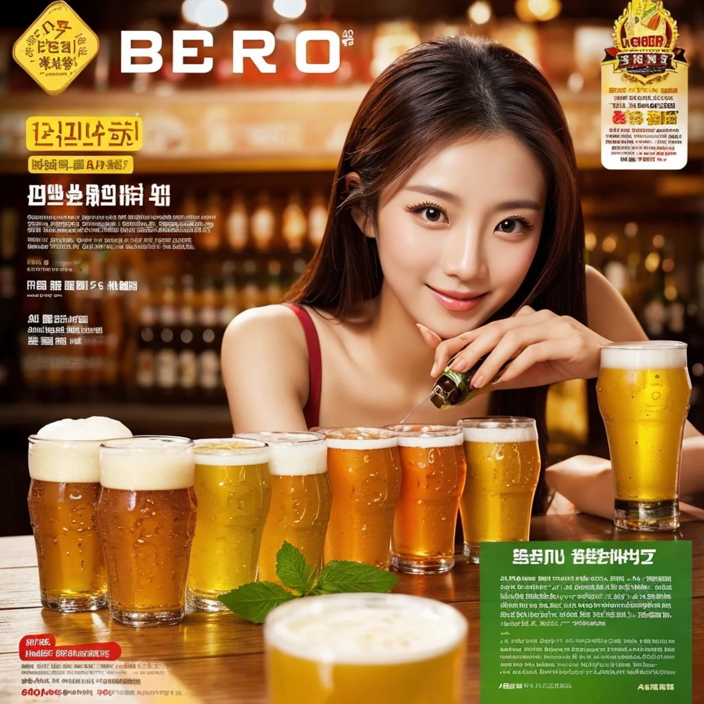 Beer promotion flyer, beauty asian, holding 2 glasses of beer