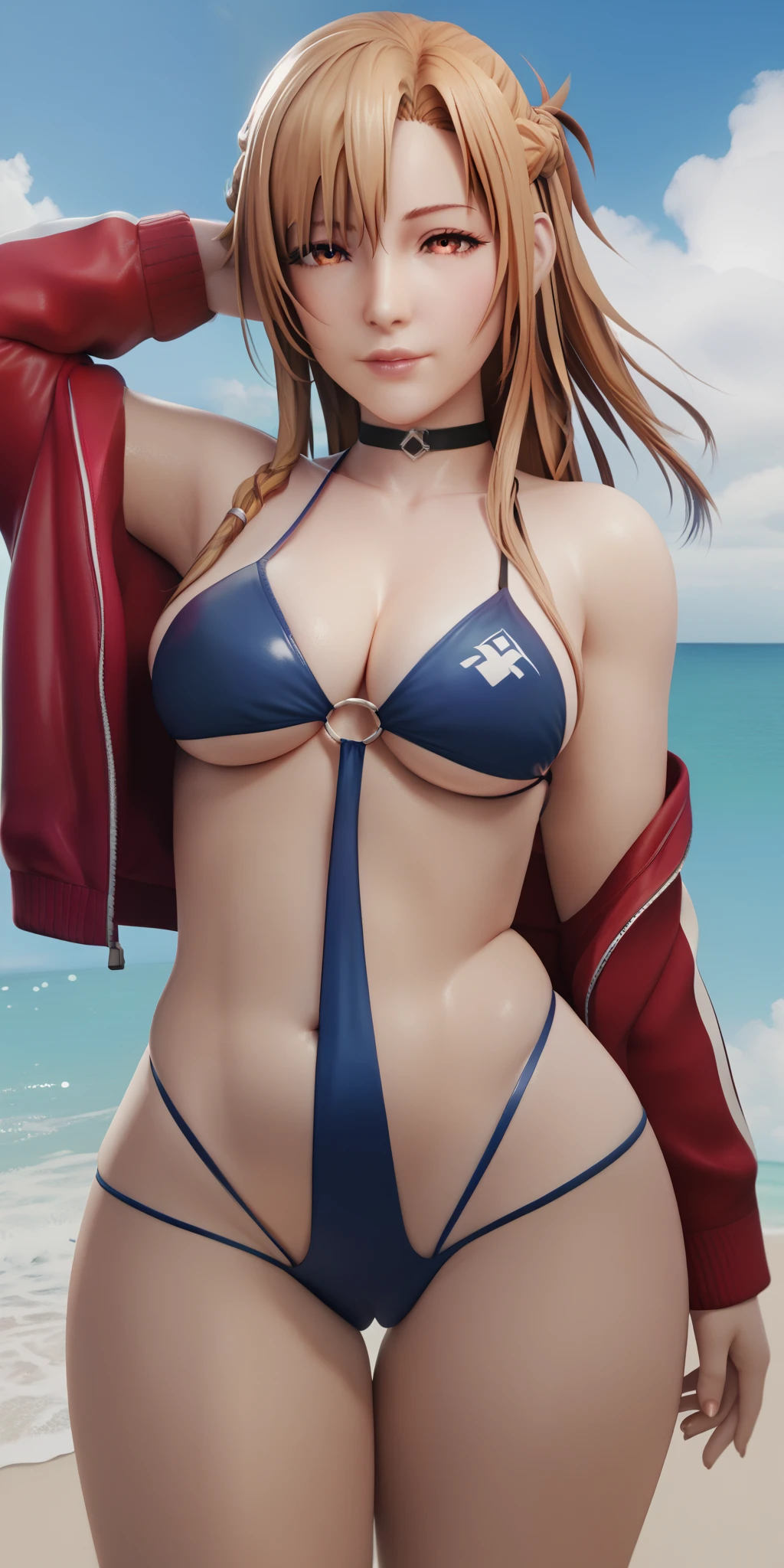 score_9, score_8_up, score_7_up, score_6_up, uncensored, asuna yuuki, orange hair, fold, braid, long hair, orange eyes, 1girl,swimsuit, jacket, red_jacket, breasts, bikini, navel, ass_visible_through_thighs, looking_at_viewer, o-ring, sky, choker, thigh_gap, outdoors, solo, cloud, day, collarbone, multi-strapped_bikini, black_bikini, bare_shoulders, open_jacket, open_clothes, off_shoulder, cowboy_shot, black_choker, blue_sky, ocean, cleavage, skindentation, lips, medium_breasts, water, stomach, beach, track_jacket, steaming face, steaming, 