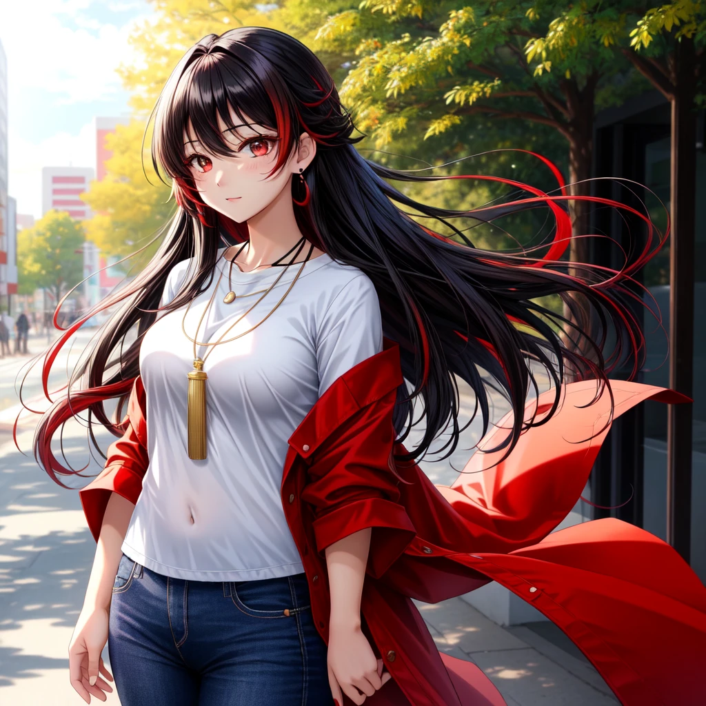 anime panel,upper body, 1girl,solo Korean, long, very curly and black hair with red highlights, red slanted eyes, casual clothes, ear piercing, necklace, hair illuminated by sunlight, park background,sad