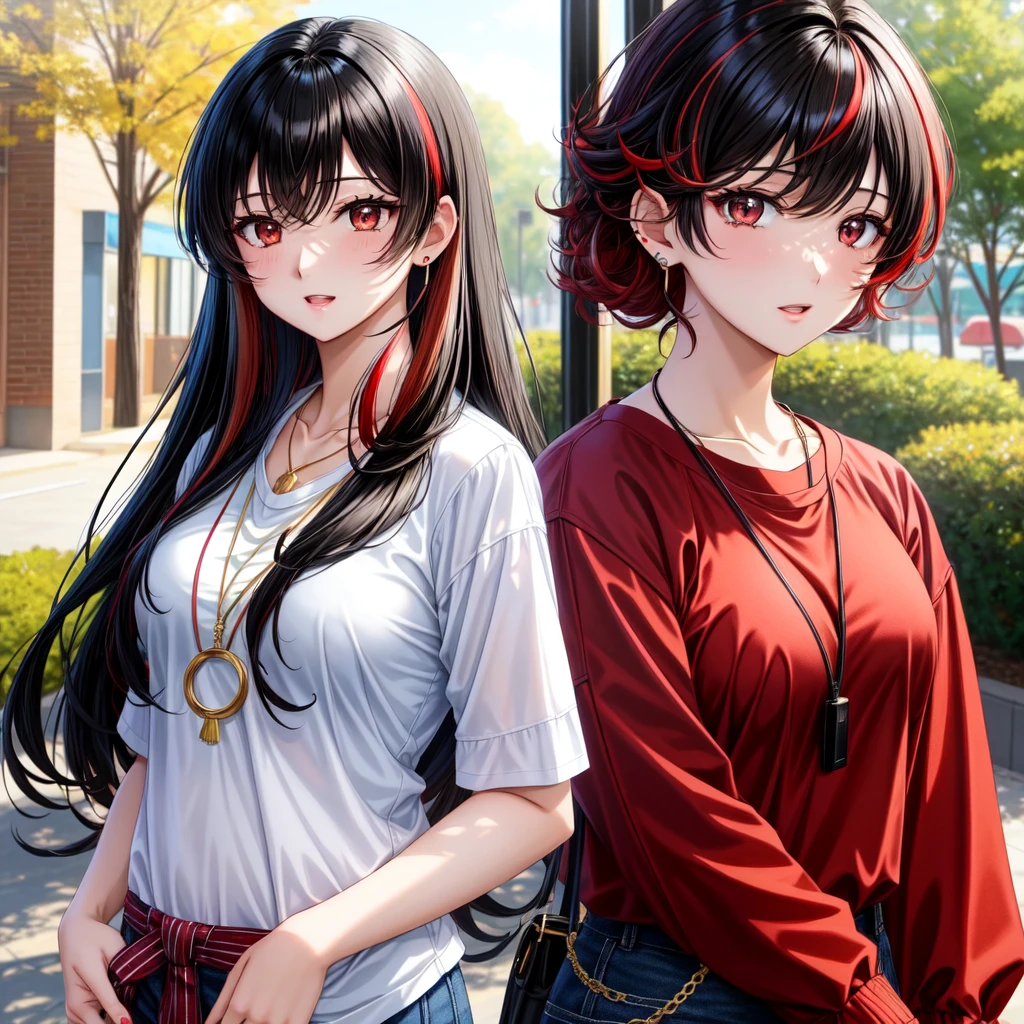 anime panel,upper body, 1girl,solo Korean, long, very curly and black hair with red highlights, red slanted eyes, casual clothes, ear piercing, necklace, hair illuminated by sunlight, park background,sad