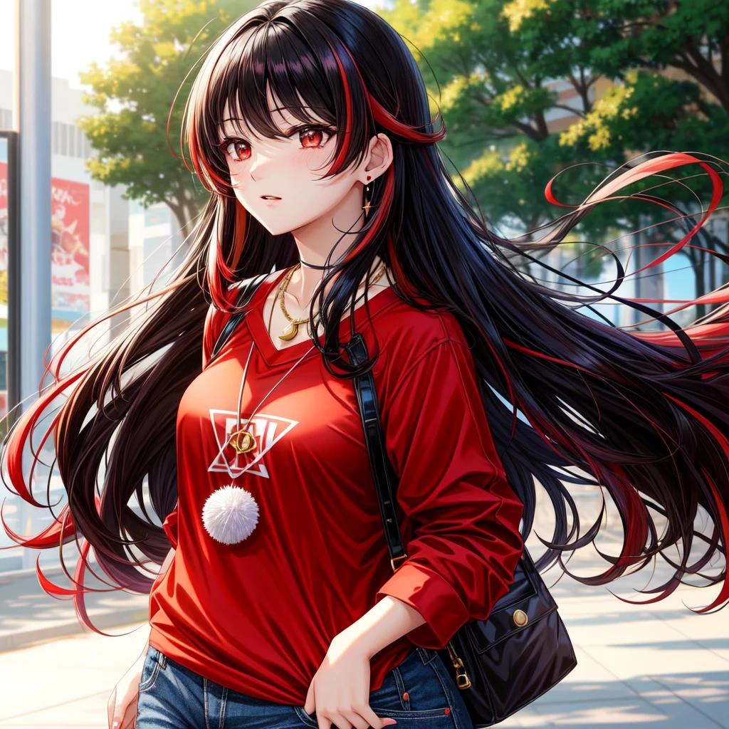 anime panel,upper body, 1girl,solo Korean, long, very curly and black hair with red highlights, red slanted eyes, casual clothes, ear piercing, necklace, hair illuminated by sunlight, park background,sad