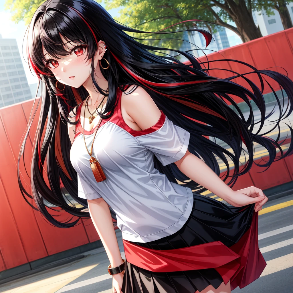 anime panel,upper body, 1girl,solo Korean, long, very curly and black hair with red highlights, red slanted eyes, casual clothes, ear piercing, necklace, hair illuminated by sunlight, park background,sad