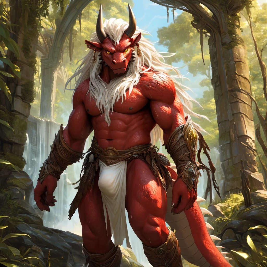 ultra-detailed, masterpiece, masterwork, high quality, best quality, hdr, (nature), nsfw, male, solo, dragon, ((nude, bulge loincloth, white loincloth)), (little red body minotaur), (white body), (long golden hair, yellow eyes, cool eyes), standing, cross your arms, dynamic angle, earrings, sweat