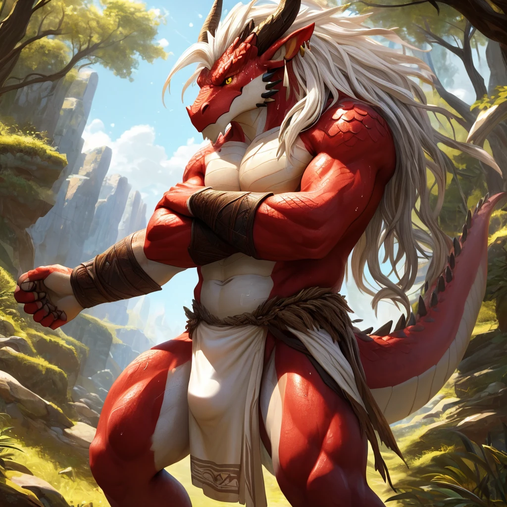 ultra-detailed, masterpiece, masterwork, high quality, best quality, hdr, (nature), nsfw, male, solo, dragon, ((nude, bulge loincloth, white loincloth)), (little red body minotaur), (white body), (long golden hair, yellow eyes, cool eyes), standing, cross your arms, dynamic angle, earrings, sweat