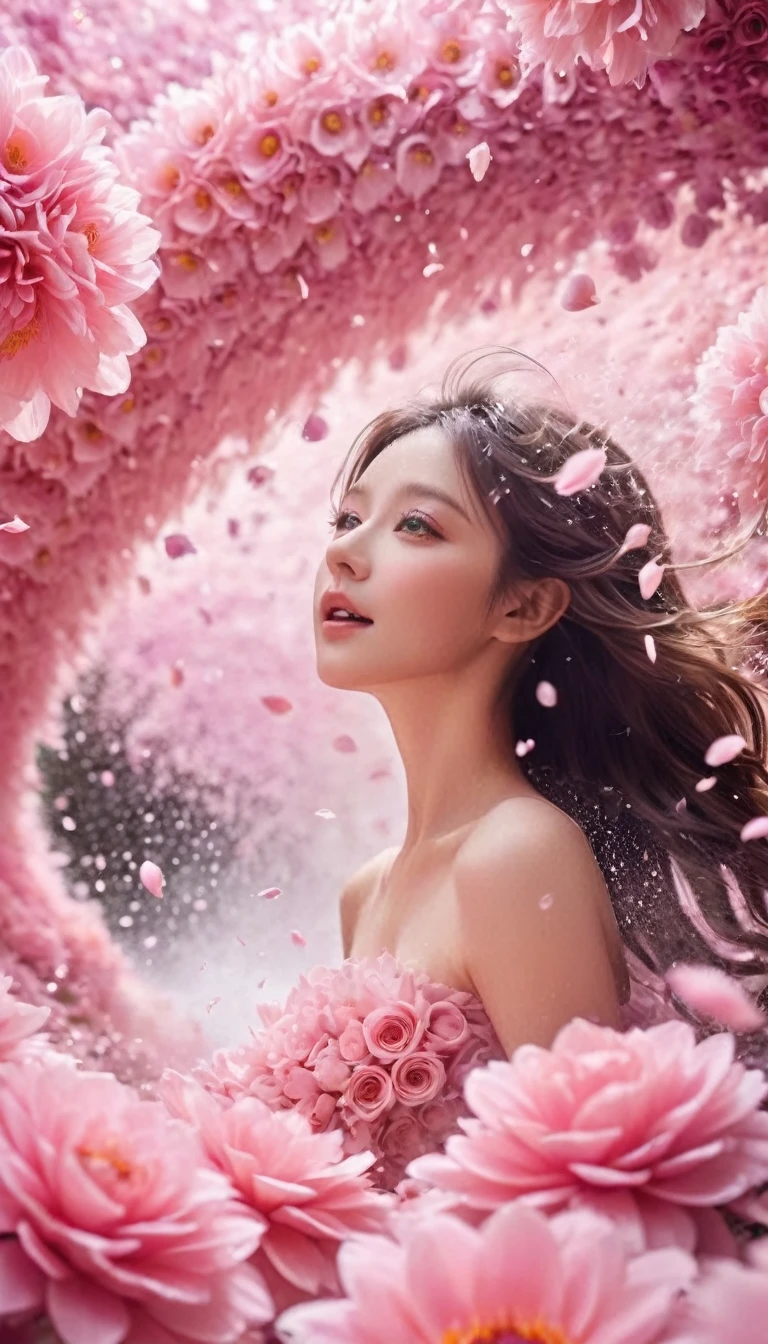 From below,best quality,32k,RAW photos,Ridiculous,Extremely detailed,Delicate texture,A huge wave of flowers and petals was swallowed up,fantasy,fairy tale,Pastel colors,Motion Blur,Action route,