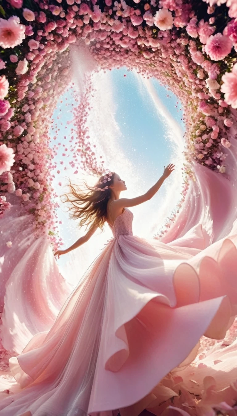 From below,best quality,32k,RAW photos,Ridiculous,Extremely detailed,Delicate texture,A huge wave of flowers and petals was swallowed up,fantasy,fairy tale,Pastel colors,Motion Blur,Action route,