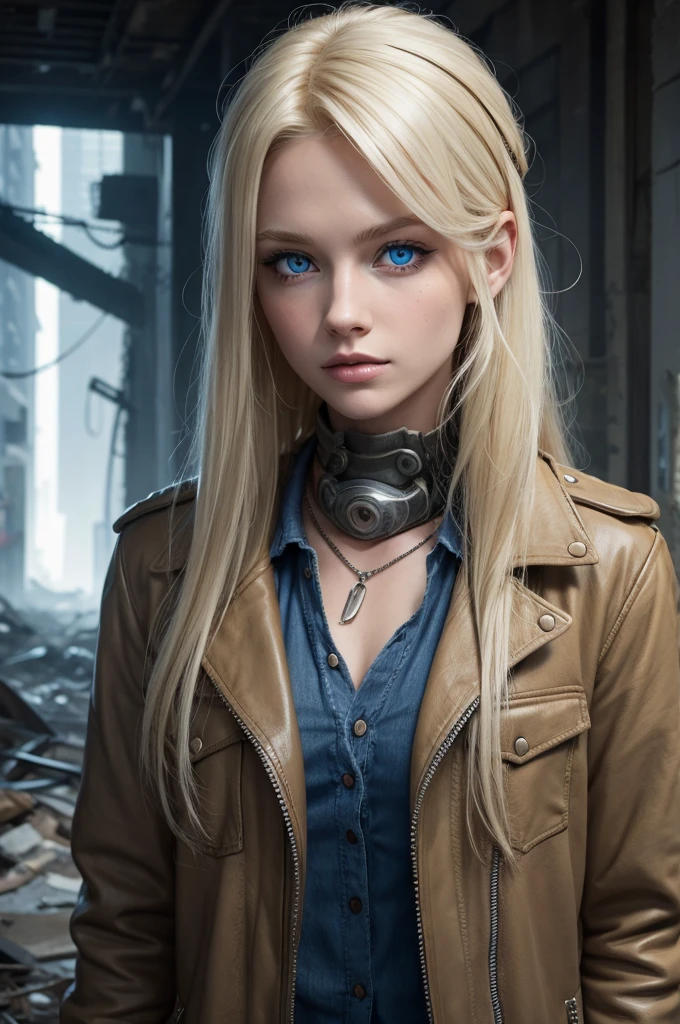 blue eyed blonde, with post-apocalyptic clothes, kind-hearted
