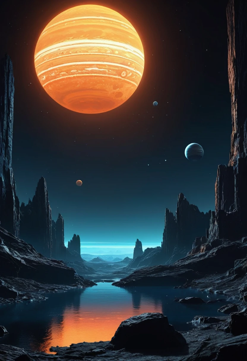 create a view of two dark gray rocky planets superimposed in dark nighttime outer space seen from the orange surface of a mountainous PLANET with dark blue water surface cyberpunk style at night in the distance, it has a wide, low building like a dark gray research station with lit windows embedded in the rock,  space is dark and you can only see the silhouette of one side of the planets through the dense atmosphere, total dark, dark horizon, penumbra, as realistic as possible, the sun is out of the picture, has a horizontal building with lit windows, It&#39;s a small-scale building on the rock, dark and sinister scientific facility