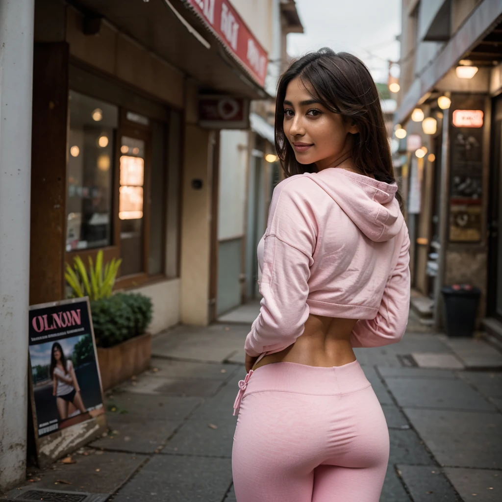 photo of a beautiful girl, face of actress pooja hegde, wearing casual shirt with a pink hoodie and pink leggings, city street, messy medium hair, thick body, view from back, medium upper body shot, looking at the camera, cute smile, shallow depth of field, blonde girl, smooth skin, professional majestic (photography by Steve McCurry), 8k uhd, dslr, soft lighting, high quality, film grain, Fujifilm XT3 sharp focus, f 5.6, High Detail, Sharp focus, (seductive)