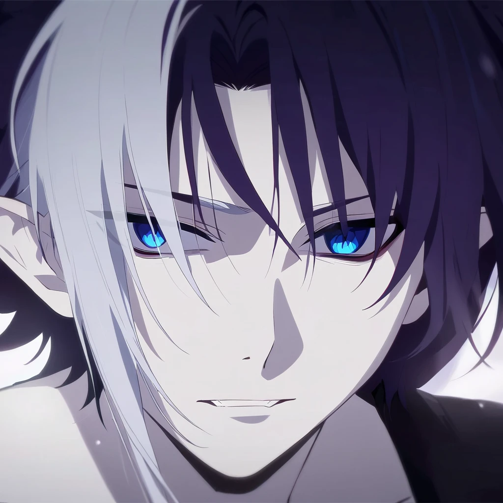 Russian male, blue eyes and messy dark purple hair and pale skin. Anime style. 