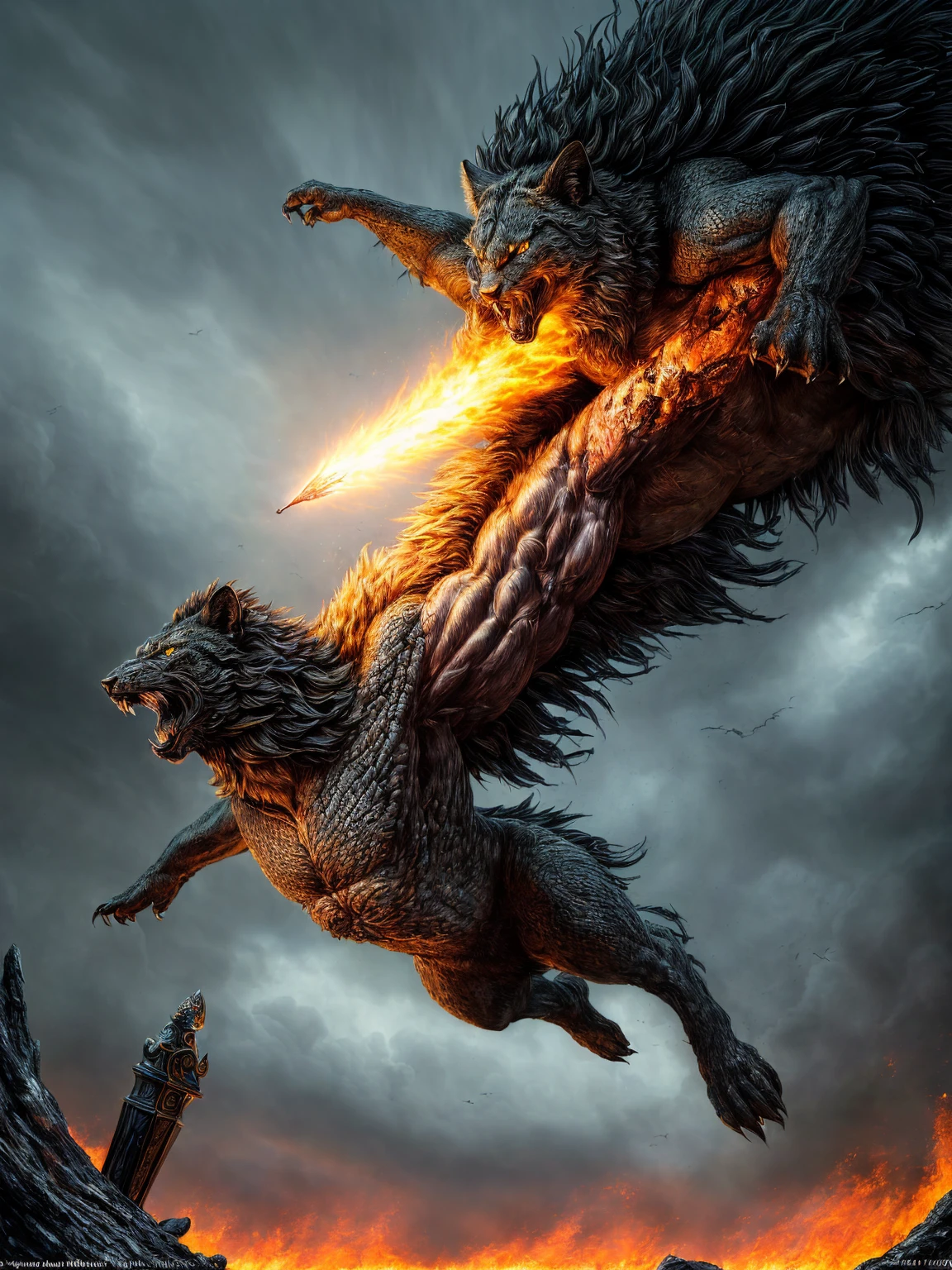 (Award-winning masterpiece:1.5), (incredible detail), (hyper realistic:1.4), (whole body:1.7), (brutal creature being struck down), (witches with bloodied weapons), (creature's roar of agony), (detailed depiction of the final strike), (dramatic lighting), (intricate details:1.1)
