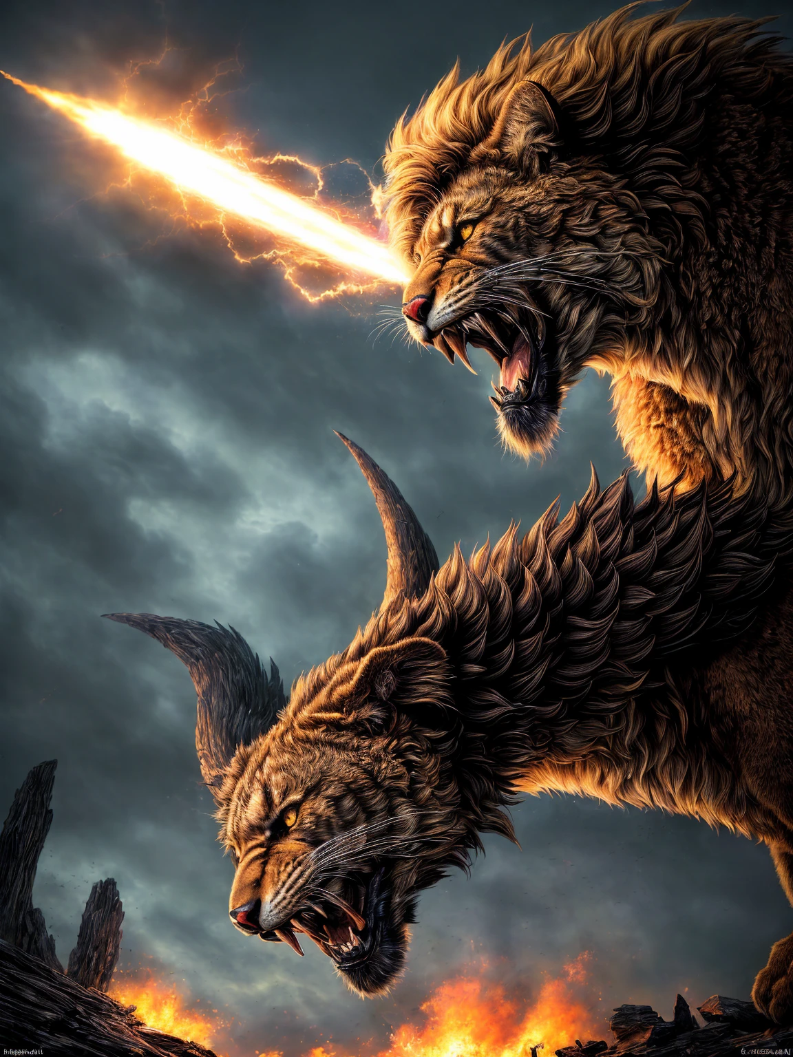 (Award-winning masterpiece:1.5), (incredible detail), (hyper realistic:1.4), (whole body:1.7), (brutal creature being struck down), (witches with bloodied weapons), (creature's roar of agony), (detailed depiction of the final strike), (dramatic lighting), (intricate details:1.1)