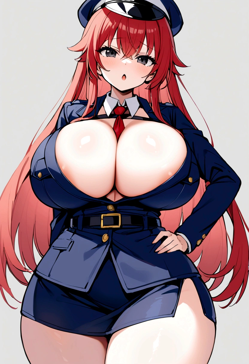 My name is Hikaru, I am a white test woman with long red hair and black eyes. I am 1.60 cm tall and weigh 46 kg. My breast sizes are 300 cm, my waist is 60 cm and my hips are 200 cm. Dressed in the sexy police costume . With big breasts 300 cm