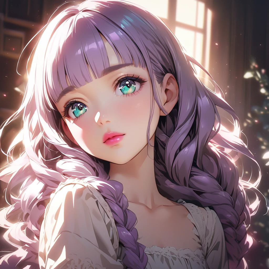 (cute a girl;1.5),Anime-style,8k,ultra detailes,masterpiece,Cinematic lighting,
anime visual, (Lovey-dovey:1.5), (tilt head:1.3), extremely delicate face, realistic lighting and shading,
(a gril with semi long braids wavy hair, pale purple blunt bangs hair, aqua eyes,pink lips:1.3)