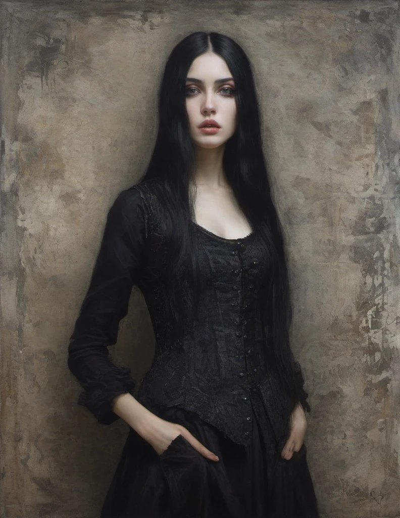 James Gurney, Surrealist art , dream-like, Mysterious, Provocative, symbolic, Complex, detailed,, (Gothic but very beautiful:1.4), (masterpiece, highest quality:1.4) , Nicola Samori Style, young girl with long black hair, gray eyes, black vest