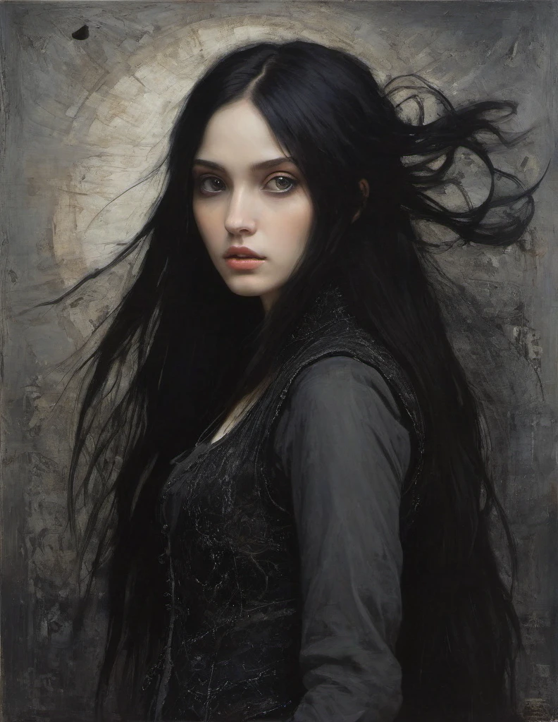 James Gurney, Surrealist art , dream-like, Mysterious, Provocative, symbolic, Complex, detailed,, (Gothic but very beautiful:1.4), (masterpiece, highest quality:1.4) , Nicola Samori Style, young girl with long black hair, gray eyes, black vest