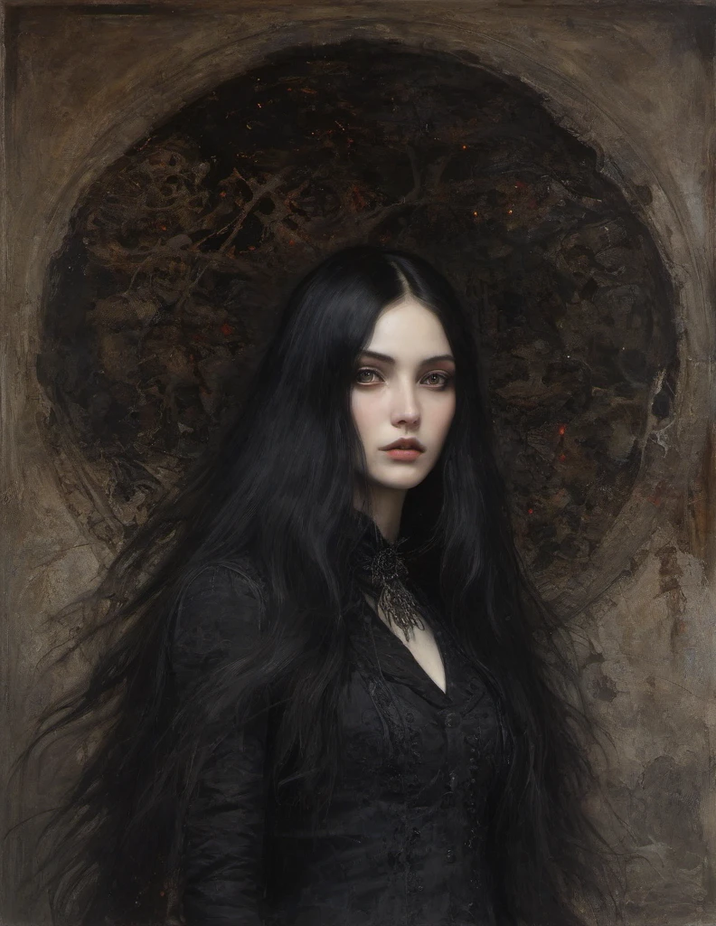 James Gurney, Surrealist art , dream-like, Mysterious, Provocative, symbolic, Complex, detailed,, (Gothic but very beautiful:1.4), (masterpiece, highest quality:1.4) , Nicola Samori Style, young girl with long black hair, gray eyes, black vest