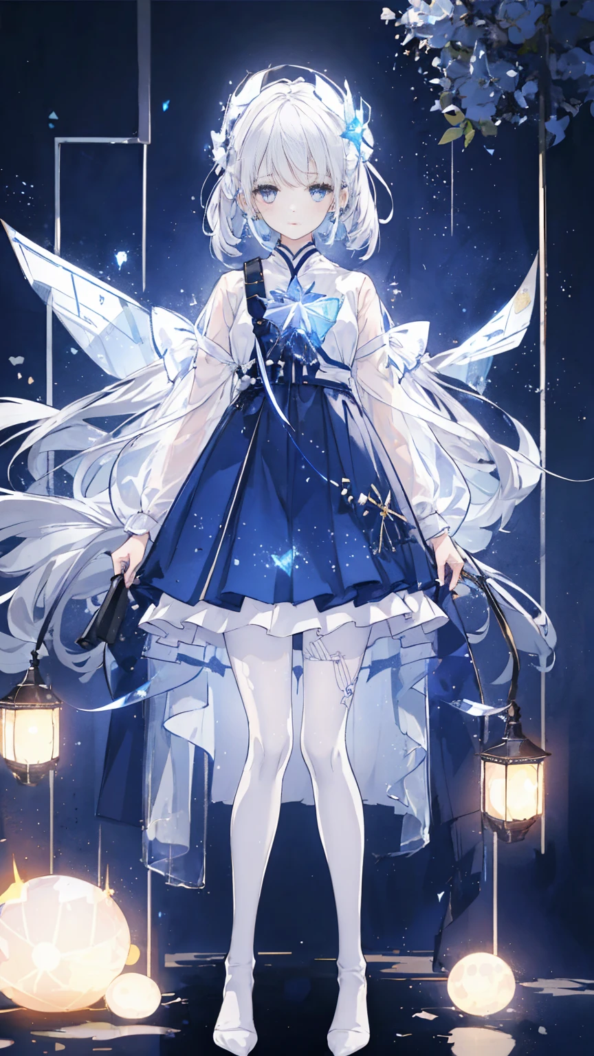 1 girl,Starry Sky, (White with luster (transparency:1.4) Open pantyhose), moon, Beautiful style,Blurred foreground,spark,White hair,blue eyes,No shoes,cross_leg,