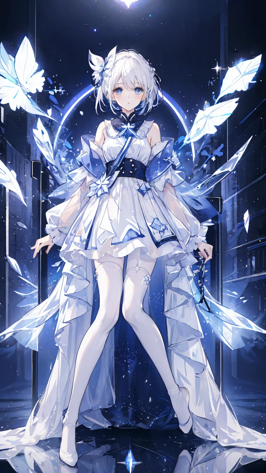 1 girl,Starry Sky, (White with luster (transparency:1.4) Open pantyhose), moon, Beautiful style,Blurred foreground,spark,White hair,blue eyes,No shoes,cross_leg,
