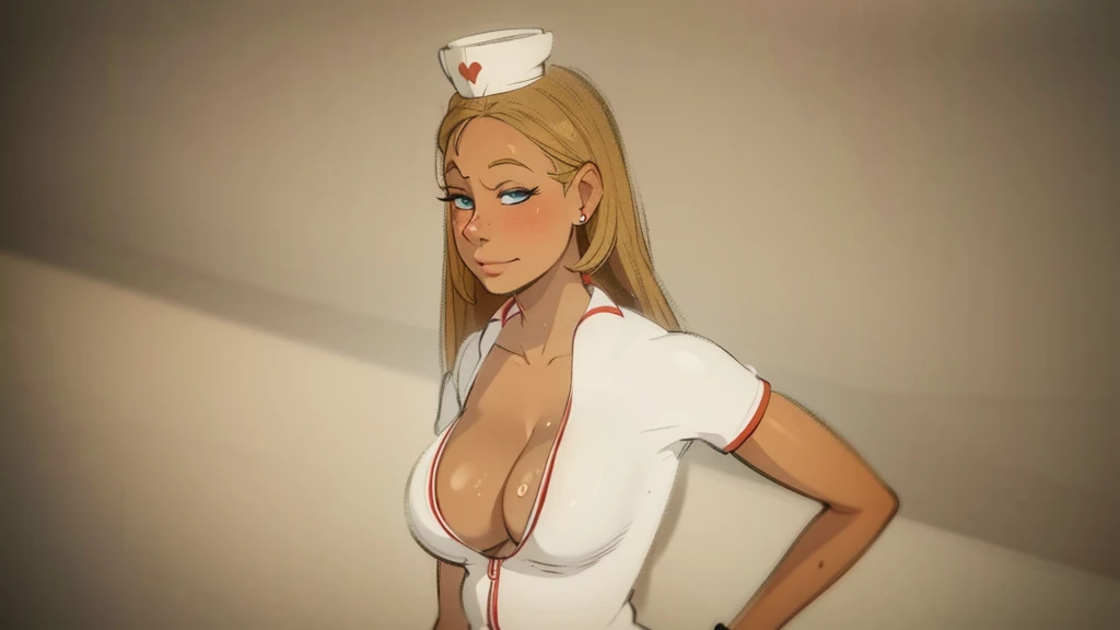 blonde blue eyes cartoon with little smiling expression, big cleavage and Sweaty body