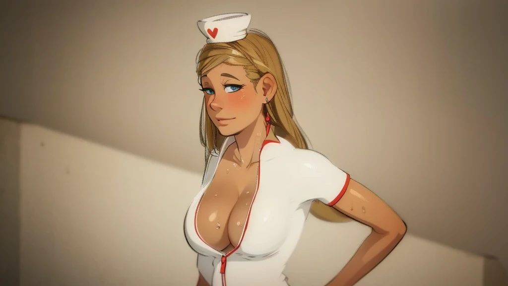blonde blue eyes cartoon with little smiling expression, big cleavage and Sweaty body