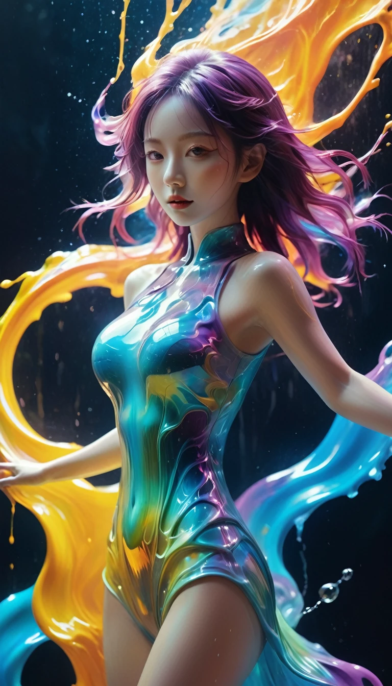 (((photographic, photo, photogenic))), extremely high quality high detail RAW color photo, Woman in dynamic pose, Brightly painted face, Fluid landscape and morphological fusion, Glowing 3D objects interact with graphics, Ultra-detailed illustrations, The feeling of melting runs through the entire composition, Flat but expressive artistic approach, Glow Aesthetics, Full body capture, Glowing Texture, Shining highlights, vibrant color palette, Encapsulating energy and motion, Mobility and light dynamics, Sharp visual contrast, A clever fusion of characters and abstract elements ,