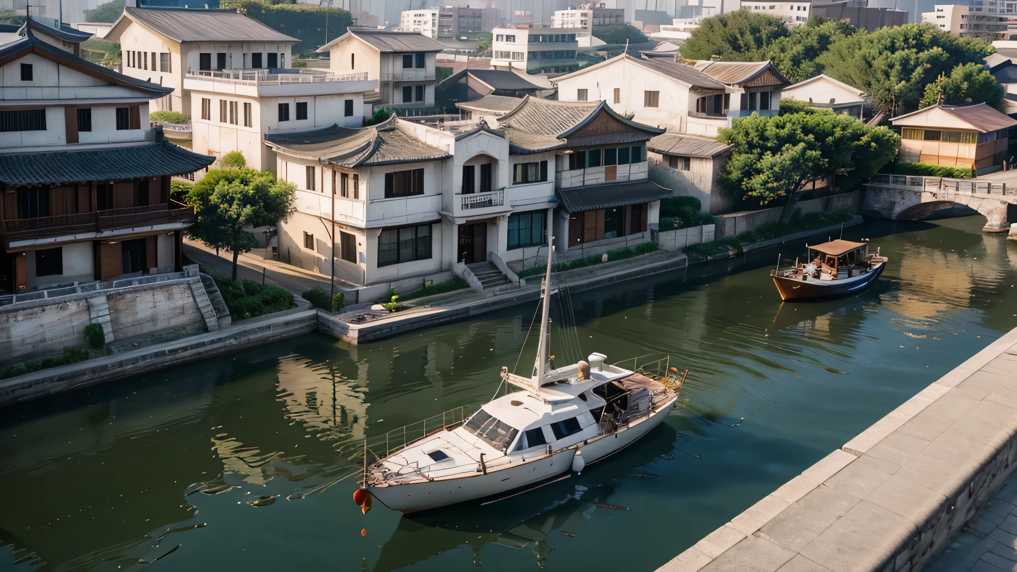 Chinese buildings，A river，There is a sailboat, high quality，lifelike, Art, 8K, looking down，Bird&#39;s Eye View Concept Art!!,Lots of roof tiles,Old village isometric perspective view,forest park in the distance，Sunlight