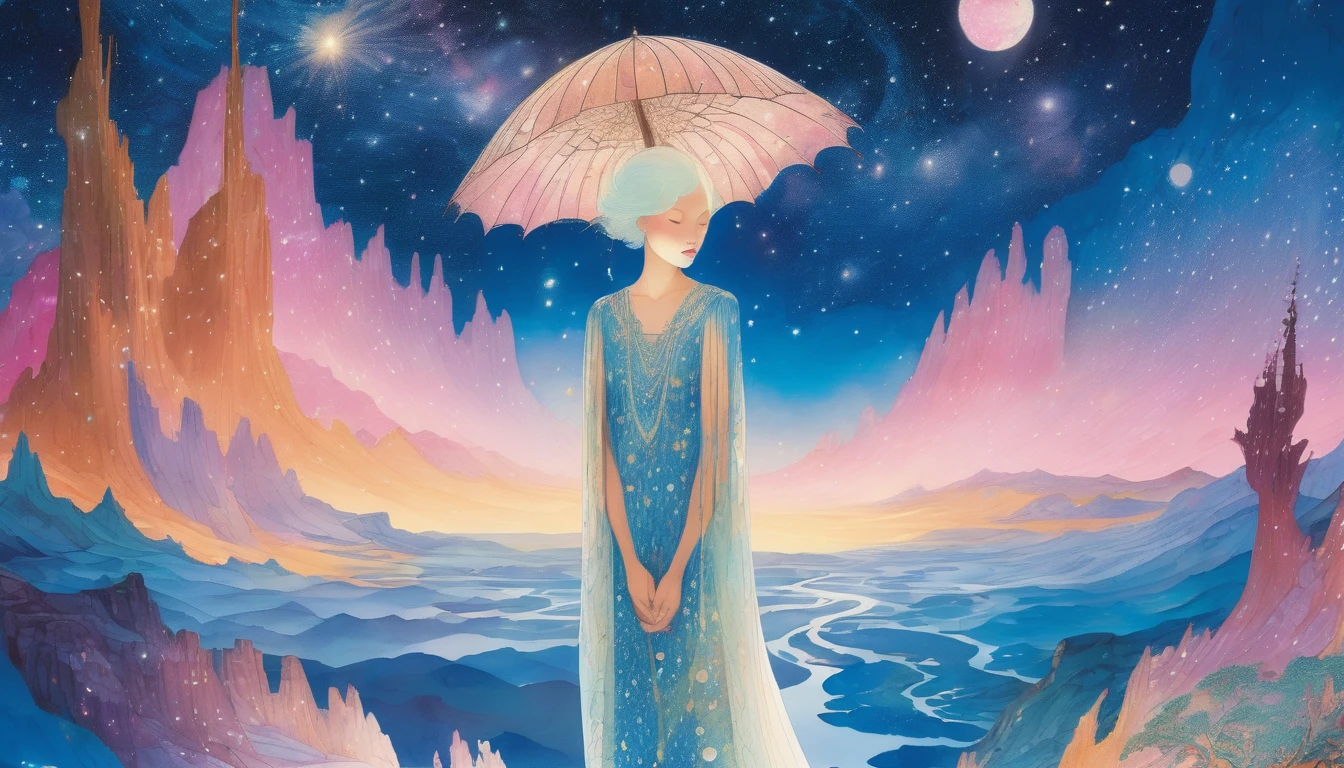 one woman beautiful closeup surreal night milky way dreamy, Folklore, magic, orientalism, Romanticism
(An illustration:Kay Nielsen、Ryan McGinley、Pipilotti Rist)