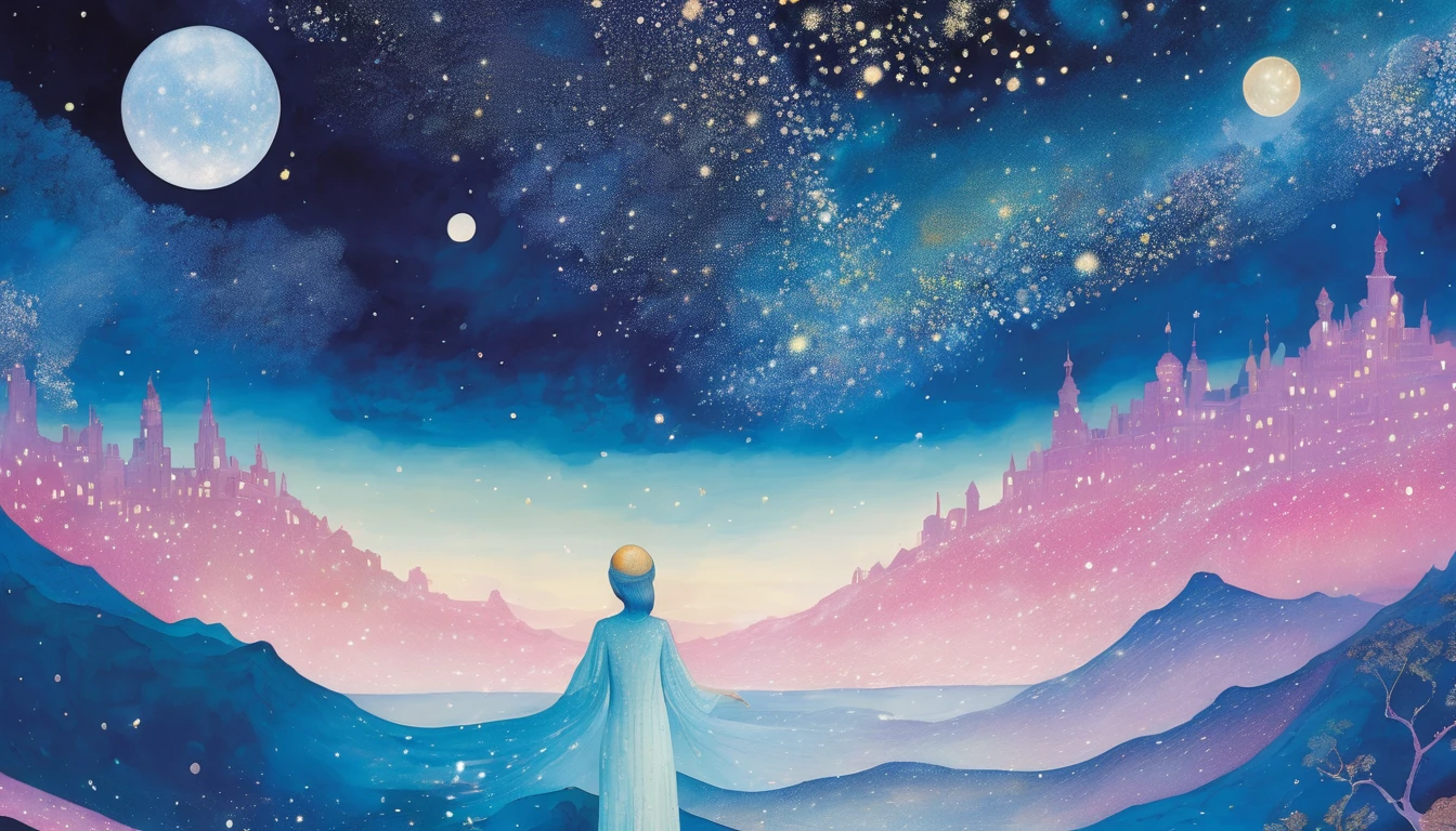 one woman beautiful closeup surreal night milky way dreamy, Folklore, magic, orientalism, Romanticism
(An illustration:Kay Nielsen、Ryan McGinley、Pipilotti Rist)