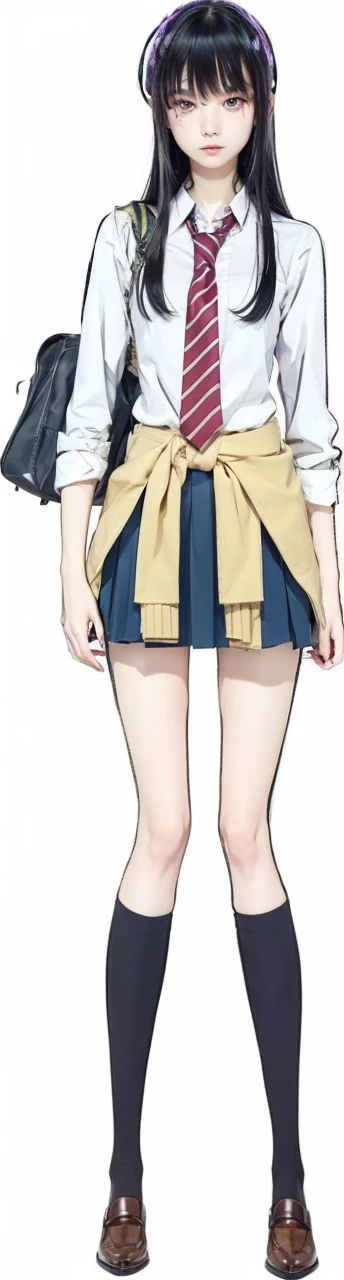 Japanese student, female, , long straight black hair, straight bangs cover the eyebrows, purple and sharp eyes, piercing expression, thin eyebrows, fine nose, with a white shirt, red tie with white stripes, blue skirt, a beautiful teenage slim girl of above average height with mid-back length black hair that has straight bangs covering her eyebrows, purple eyes and she has a sharp, piercing expression.