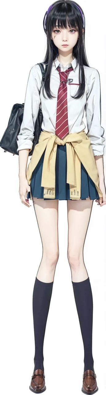 Japanese student, female, 17 years old, long straight black hair, straight bangs cover the eyebrows, purple and sharp eyes, piercing expression, thin eyebrows, fine nose, with a white shirt, red tie with white stripes, blue skirt, a beautiful teenage slim girl of above average height with mid-back length black hair that has straight bangs covering her eyebrows, purple eyes and she has a sharp, piercing expression.