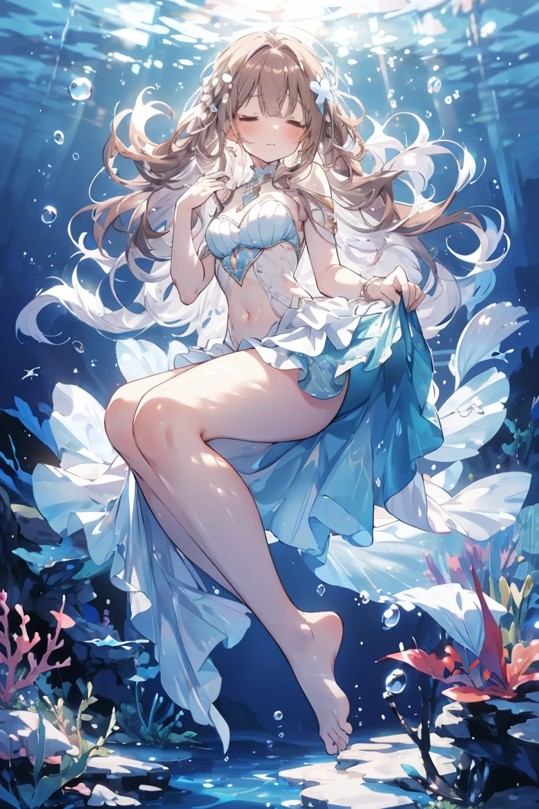 Mermaid, an artwork of a woman in white skirt and flowing white hair under water, 1 girl, skirt, In the water, Solitary, Long hair, Close your eyes, Brown hair, air bubble, barefoot, bubble