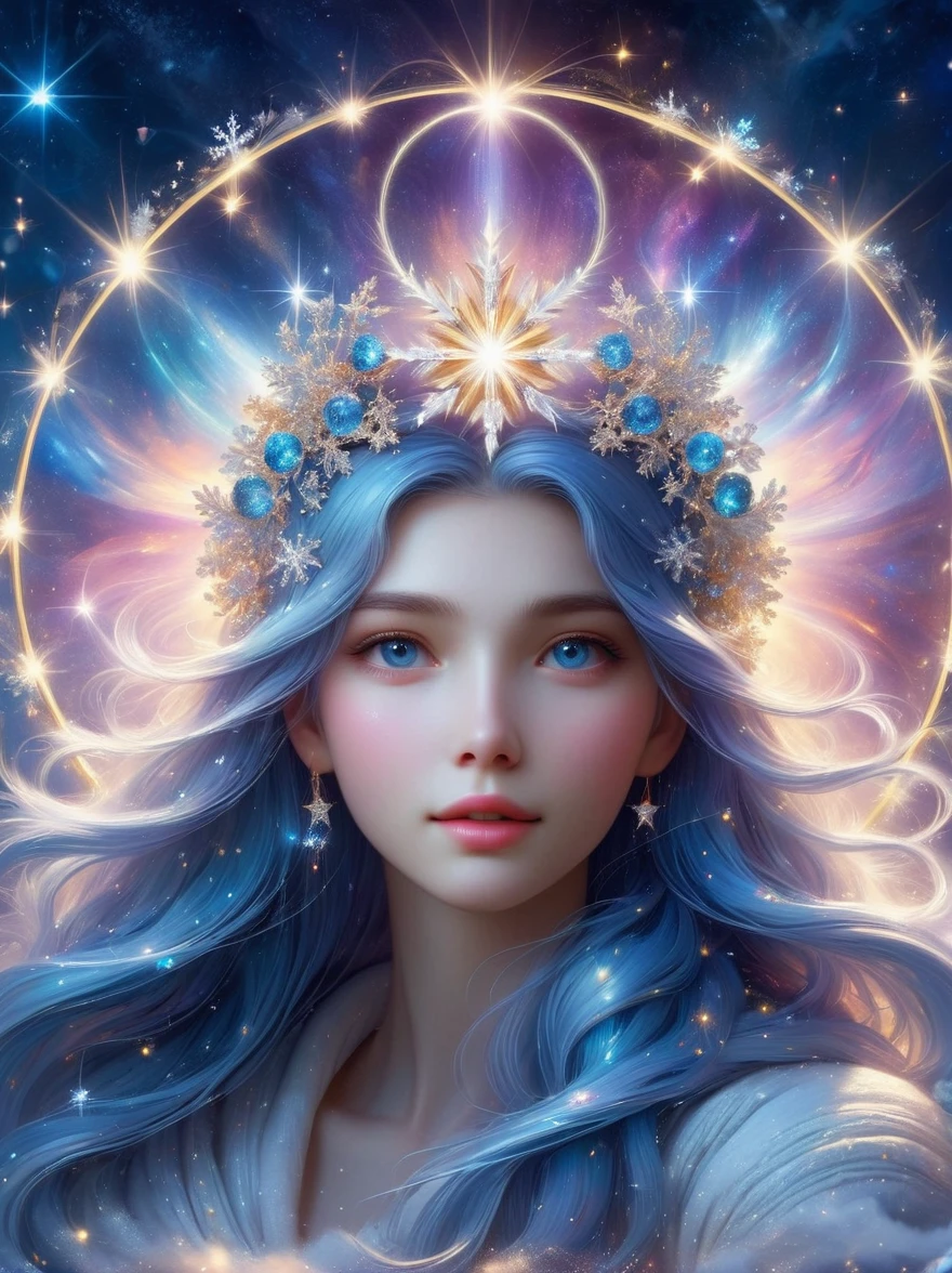 The entire galaxy inside the Winter Goddess is surrounded by a soft halo，Sparkles like crystal，Pure and beautiful
