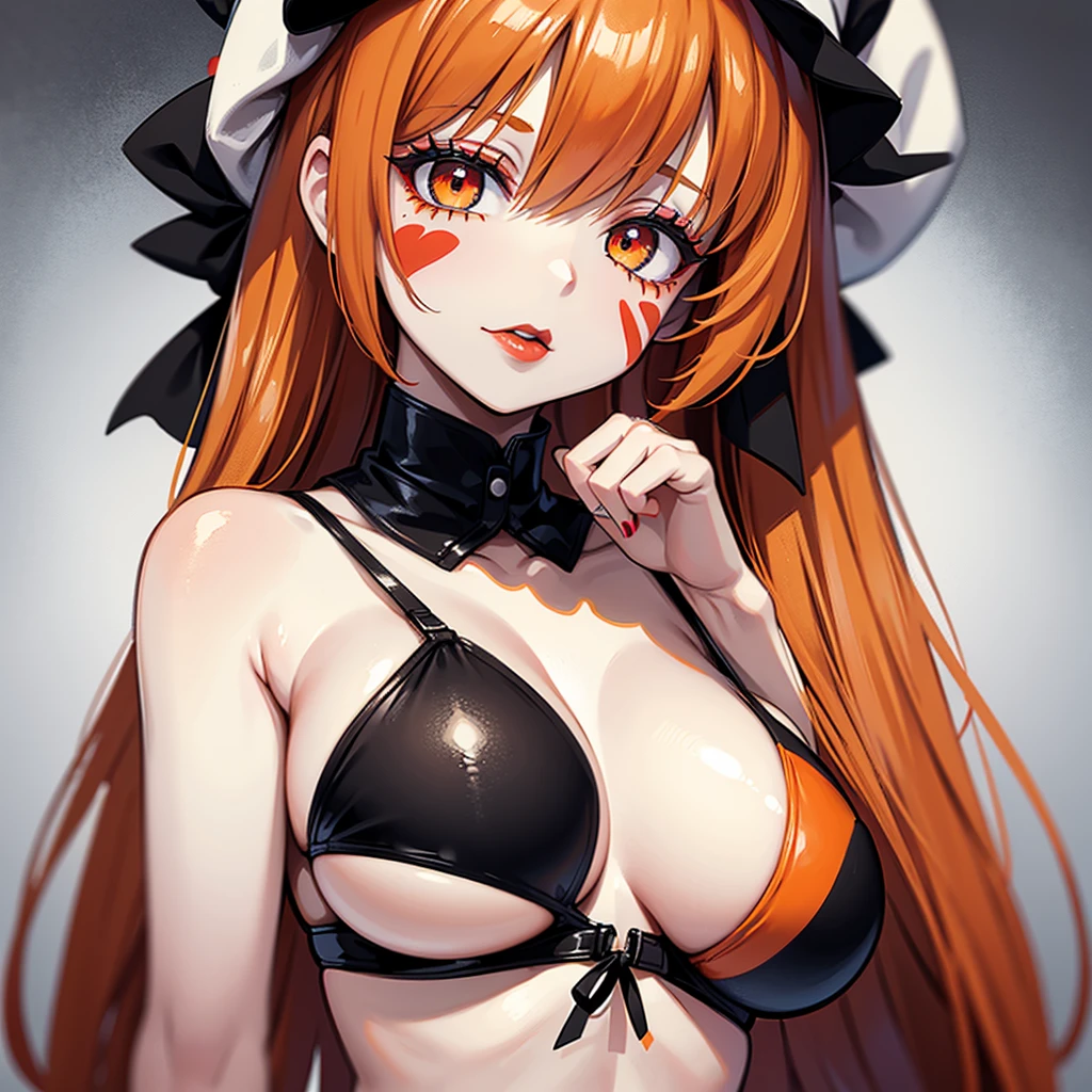 the clown girl, funny, face painted with white and black paints style like the rock band KISS, red lipstick, medium breasts, sexy bikini, orange hair