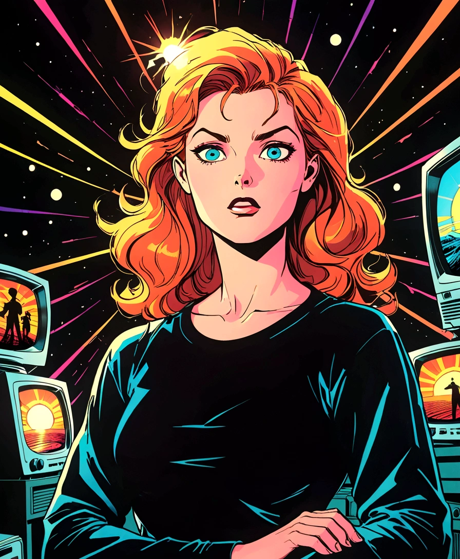 sunrise, overwhelming sunlight, too much light, maximal sunshine, blindingly bright, lens flare, insatiable light, uv light, VHS, glitch, distorted, nostalgia, 90's retro vibes, analog tape, vcr aesthetics, tv, television, 1990's cartoon homage), comic 1990's, animated tv show screengrab, cinematic poster, image within image, multiple exposure, massive scale, rich color grading for shading depth, hand drawn rotoscope cartoon realism, chiaroscuro lighting, mixed media, vintage comic, retro original design, 1990's comic, sense of movement energy,