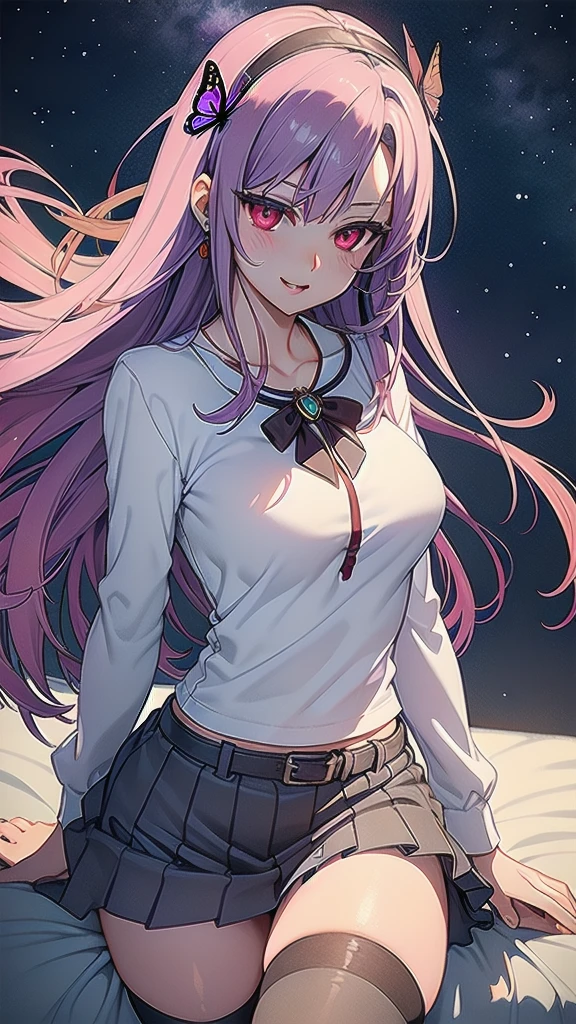 masterpiece, best quality, 1 solo girl, light purple hair, red eyes, long hair, medium breasts, sexy body and face, wavy hair, smile, black socks, brown bow, knee-highs, long sleeves, parted lips, pink pleated skirt, puffy long sleeves, purple shirt, pendant, bracelet, jewelry, earrings, butterfly hair ornament, book, lying at the bed, night sky, sexy pose, cowboy shots, detailed body, face, and eyes, sharp focus, vibrant, creative, dynamic, high definition, high resolution, 8k, (Upscale: R-ESRGAN 4x+ Anime6mage enchance:4x), voluptuous body, cinema lightning, dakimakura style, looking at the viewer, hairband