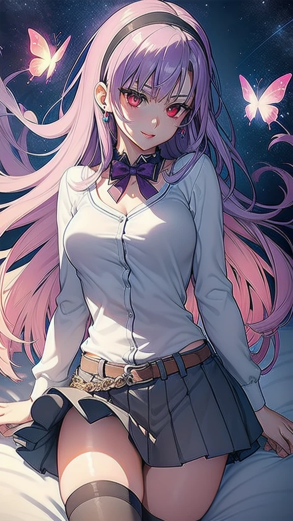 masterpiece, best quality, 1 solo girl, light purple hair, red eyes, long hair, medium , sexy boand face, wavy hair, smile, black socks, brown bow, knee-highs, long sleeves, parted lips, pink pleated skirt, puffy longeves, purple shirt, pendant, bracelet, jewelry, earrings, butterfly hairament, book, lying at the bed, night sky, sexy pose, cowboy ts, detailed body, face, and eyes, sharp focus, vibrant, creative, dynamic, high definition, high resolution, 8k, (Upscale: R-ESRGAN 4x+ Anime6mage enchance:4x), voluptuous body, cinema lightning, dakimakura style, looking at the viewer, hairband