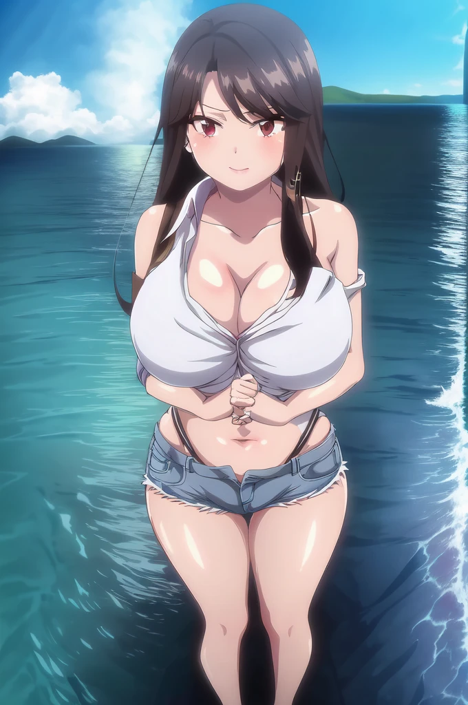 ((masterpiece)),(Highest quality),Official Art,Extremely detailed CG,unity 8k wallpaper,Very detailed,Lighthouse on top of a cliff by the sea,One Girl,alone,Upper Body,(Portraiture:1.2),Cleavage,Long Hair,Denim shorts,Brown Hair,jewelry,Bare shoulders,Hoop Earrings,belly button,Red eyes,Brown eyes,Black Midriff,Large Breasts,Black Hair,High heels,