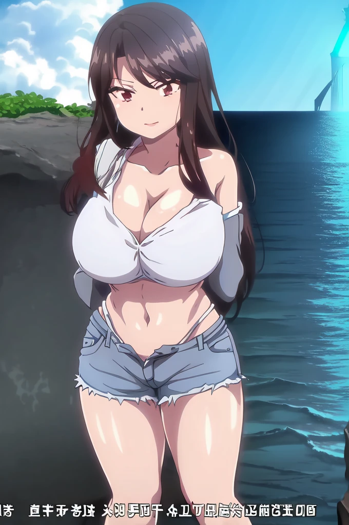 ((masterpiece)),(Highest quality),Official Art,Extremely detailed CG,unity 8k wallpaper,Very detailed,Lighthouse on top of a cliff by the sea,One Girl,alone,Upper Body,(Portraiture:1.2),Cleavage,Long Hair,Denim shorts,Brown Hair,jewelry,Bare shoulders,Hoop Earrings,belly button,Red eyes,Brown eyes,Black Midriff,Large Breasts,Black Hair,High heels,