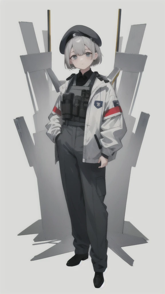 Stocky build、Short Hair、Grey Hair。Police uniform、(White background.Full Color.The eyes are clear、Are standing。35 talents)