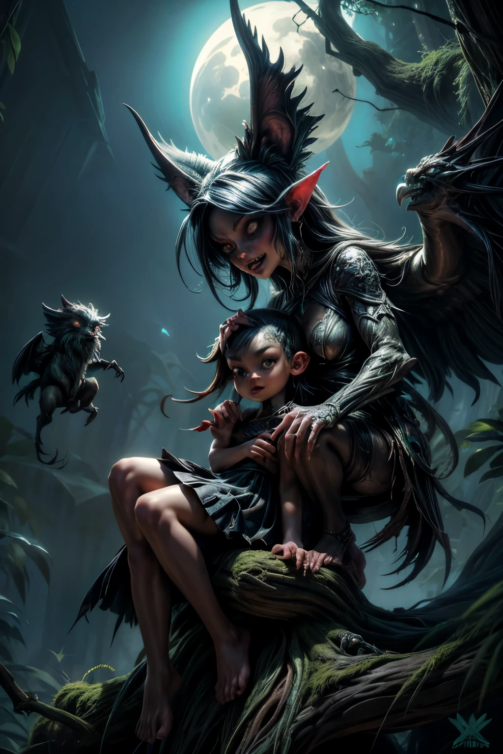 Showing a harpy sitting on the branch of a giant tree in the rainforest at night. Their eyes should reflect the moonlight filtering through the treetops.. Surrounded by rare flora and fauna, The art of horror fiction, Sci-fi horror art, Inspired by Alexis Briclot, Fangs of Carnage, Horror fantasy art, As with Alexis Briclot, Horror concept art, poison, Fantasy Art and Horror, 4K Horror Detailed Illustration, Demonic creatures, Dark fantasy horror art