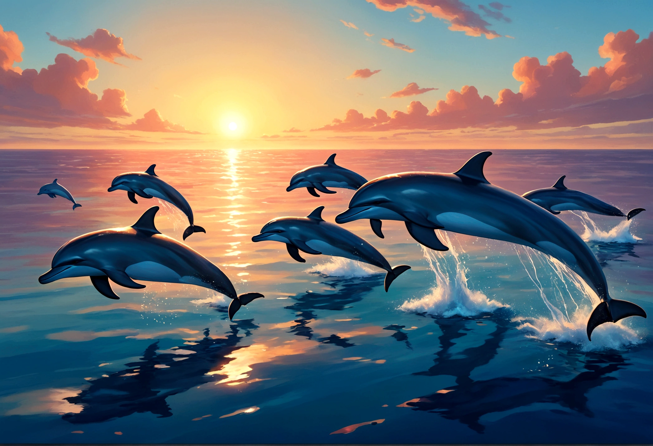 A pod of dolphins are playing near the surface of the ocean at sunrise, pixar style