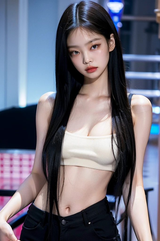 Kim Jennie from Blackpink with black hair, pale skin, japanese, with a doll face, large eyes, fat and round lips, doll eyes (doll), with black eyes, big chest.
blue clothes, low-cut spaghetti strap shirt.
Provocative pose Full HD doll face.