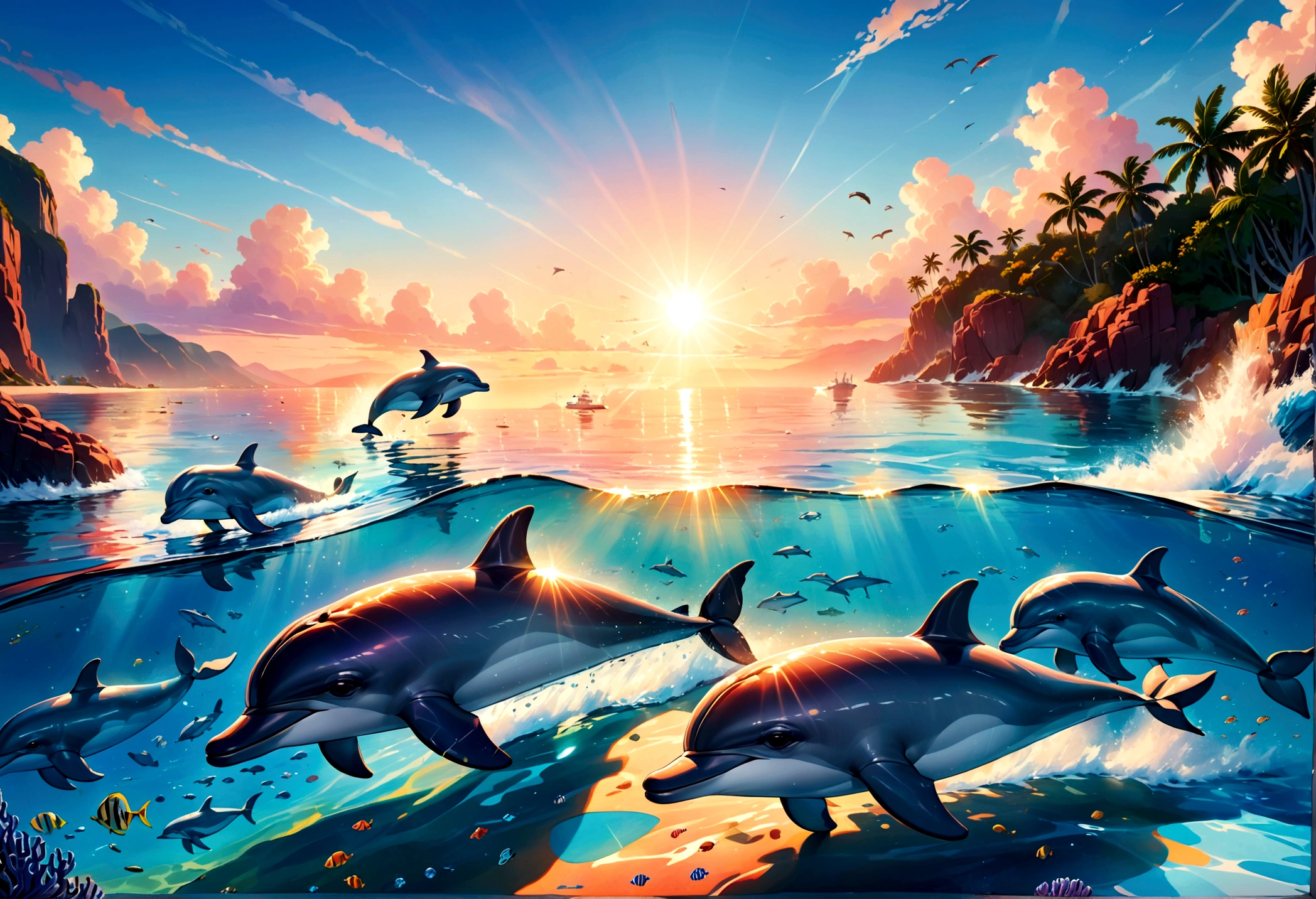 A pod of dolphins are playing near the surface of the ocean at sunrise, pixar style