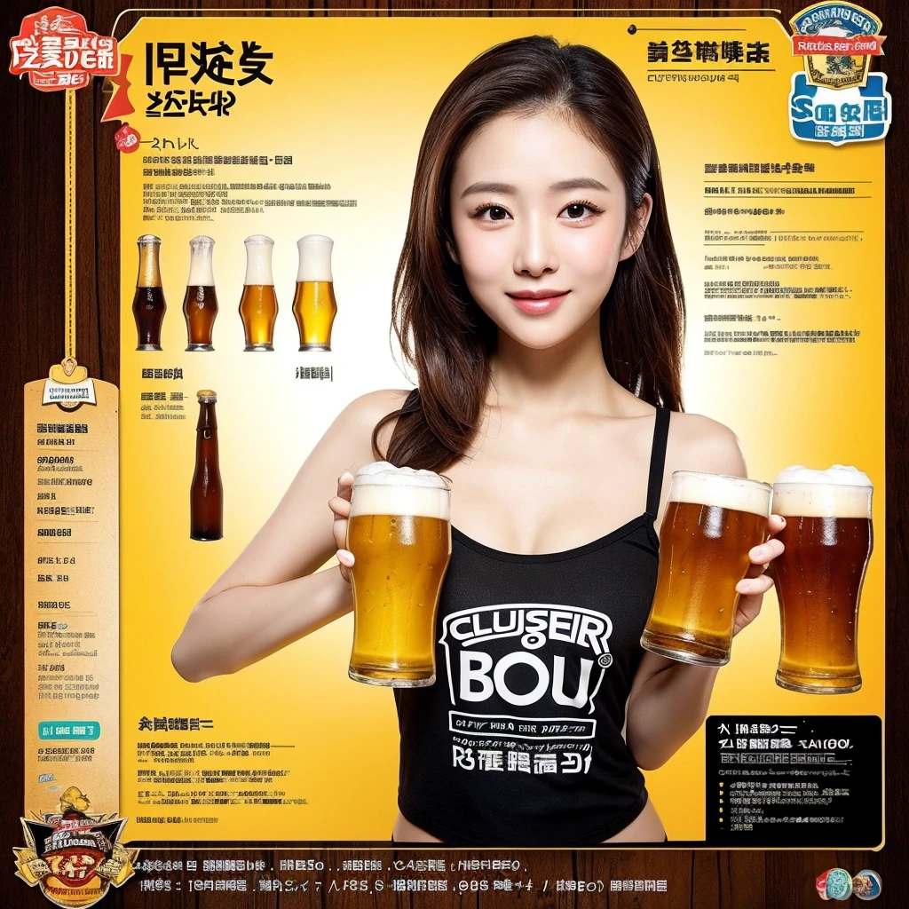 ((best quality)), ((masterpiece)), (detailed), 1girl, beer promotion flyer, holding 2glasses of beer