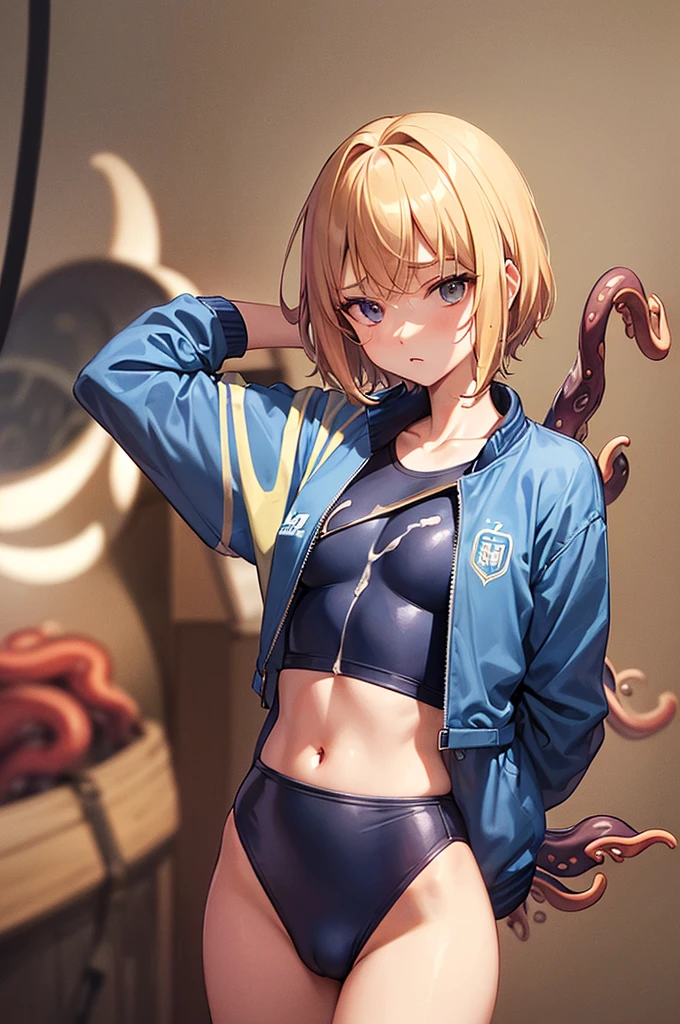 masterpiece, best quality,anime style, 1 girl,(((slender body))), (((small breast))),(((Jacket, Open your clothes, Open jacket, Blue jacket, ground vehicle, Sports Bra, bicycle,buruma))),(((((brown penis tentacles bound the girl))))), ((((restrained, arms behind back)))),((((cum)))), (beautiful face), (((short hair))), (((straight hair))), ((((blonde hair)))),detailed beautiful skin, (perfect hands, perfect anatomy)