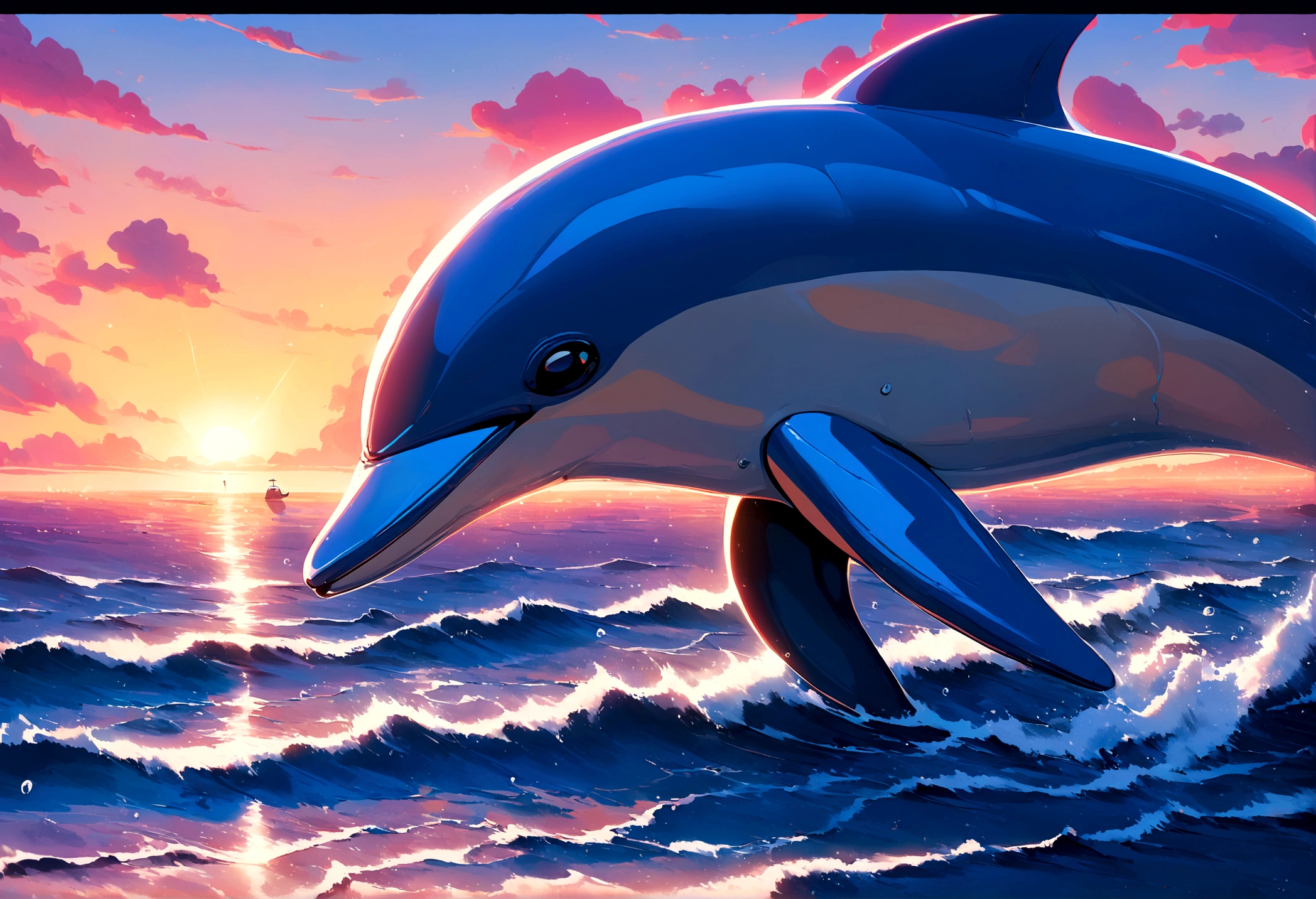 A pod of dolphins are playing near the surface of the ocean at sunrise, pixar style