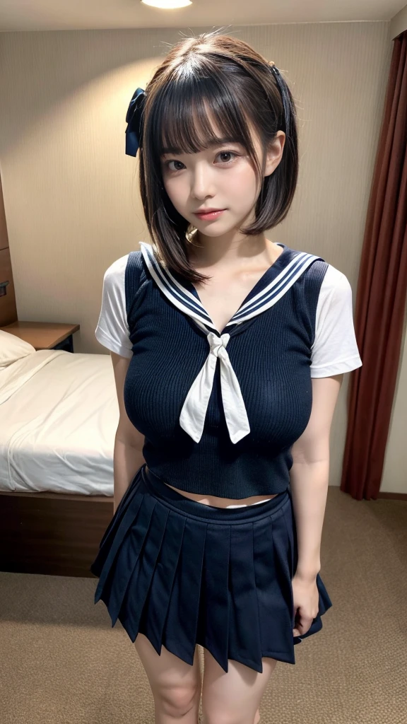 masterpiece, best quality, illustration, Super detailed, fine details, High resolution, 8K,wall paper, perfect dynamic composition,(Details High quality, realistic depiction of eyes:1.3), Black Sailor Uniform, serafuku, Navy pleated skirt, huge breasts, short bob hair, black hair color, Big Natural Color Lip, bold sexy pose, crying a little、 Harajuku style、20 year old girl、cute type、lolita、beautiful legs, hotel room, full body photo、focus on crotch, hposing Gravure Idol