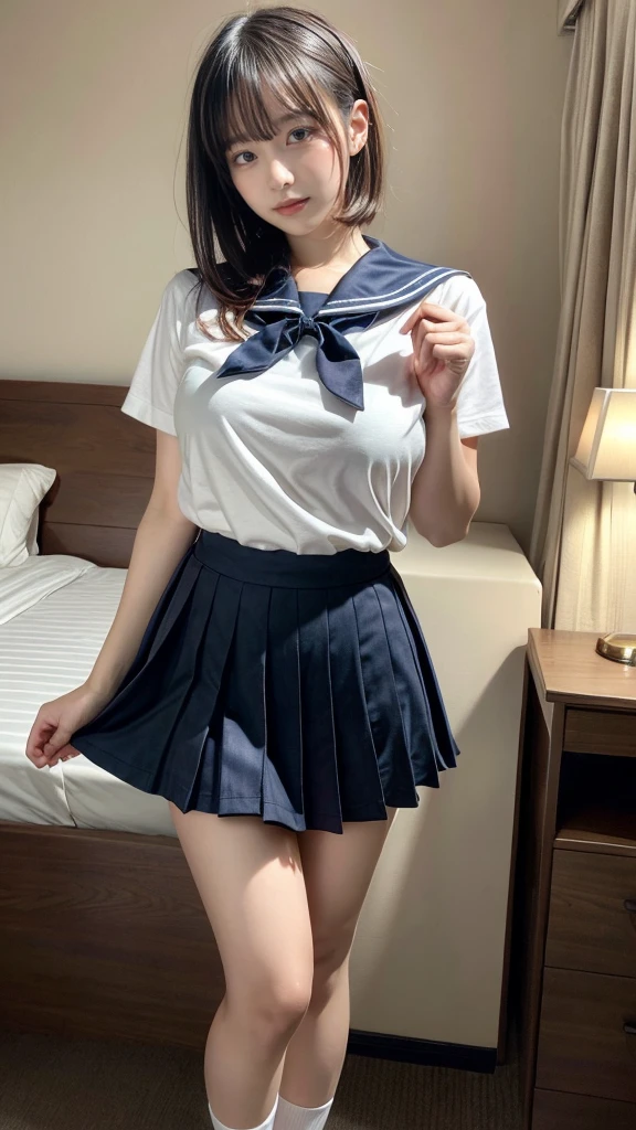 masterpiece, best quality, illustration, Super detailed, fine details, High resolution, 8K,wall paper, perfect dynamic composition,(Details High quality, realistic depiction of eyes:1.3), Black Sailor Uniform, serafuku, Navy pleated skirt, huge breasts, short bob hair, black hair color, Big Natural Color Lip, bold sexy pose, crying a little、 Harajuku style、20 year old girl、cute type、lolita、beautiful legs, hotel room, full body photo、focus on crotch, hposing Gravure Idol