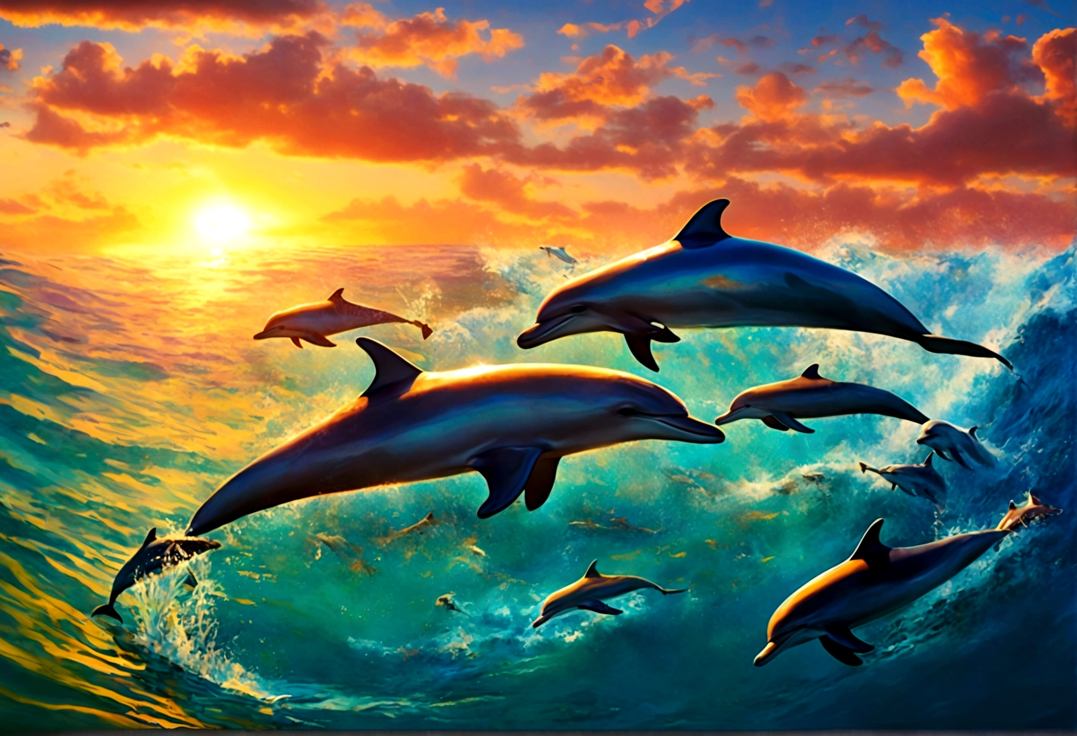 A pod of dolphins are playing near the surface of the ocean at sunrise, pixar style